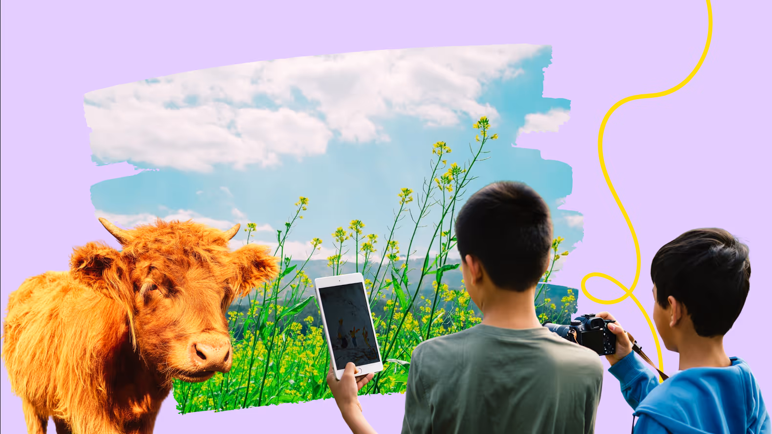 Two kids exploring their world with a tablet and a camera